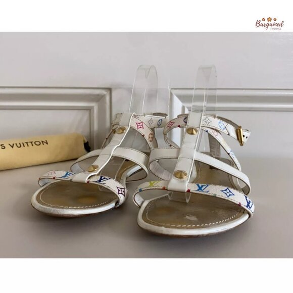 Authentic Louis Vuitton White Multicolor Canvas Patent Gladiator Sandals 39.5 - Picture 10 of 12